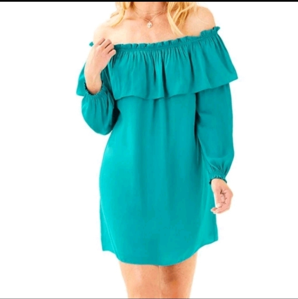 Lilly Pulitzer Dee Dee Mini Dress Sz M Malachite Teal Blue Off Shoulder Ruffle